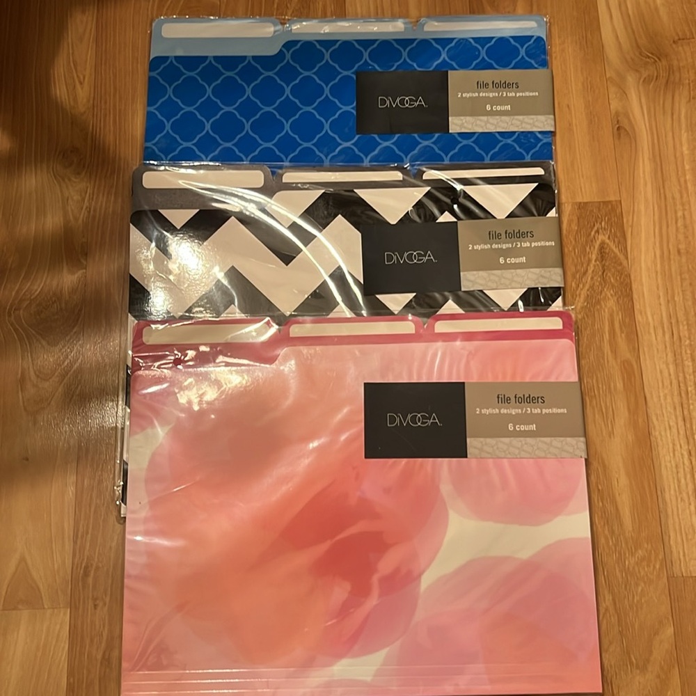 Divoga Fashion File Folders; 2 Designs; 3 tab, 6 Ct each Pink, black/white, blue